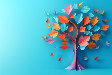 A tree with colorful paper cut leaves and birds on a bright blue background representing growth and nature