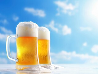 Frothytopped beer mugs on a table with an empty sports stadium in the background focus on, leisure theme, realistic, blend mode, blue sky