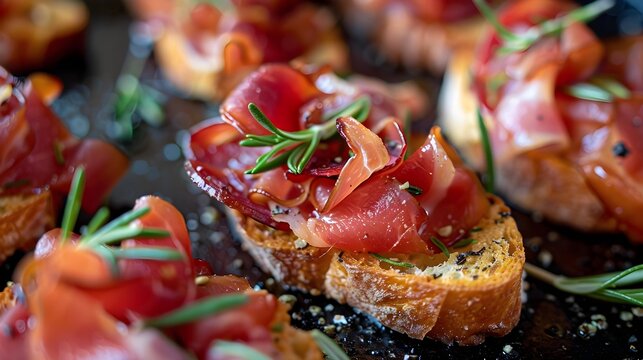 close-up shot of serrano ham bruschetta with rosemary