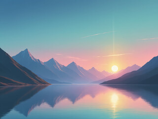 Fototapeta premium Pastel mountain landscape, abstract sun, gradient sky, calm water, minimalist and serene