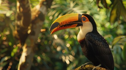 Fototapeta premium A toucan with a large orange beak sits on a branch in a rainforest