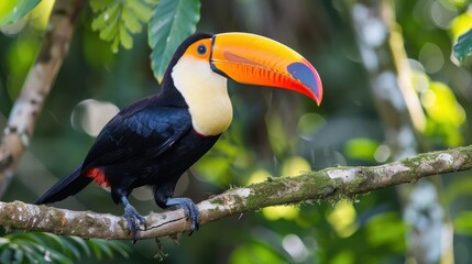 Toucan with large beak perched on branch in lush green rainforest