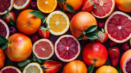 Citrus fruits and berries in colorful arrangement