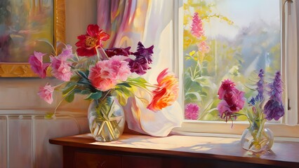 Colorful springtime flowers in a glass vase sit on a wooden windowsill bathed in soft sunlight against a bright background.