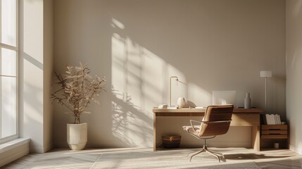 A minimalist workspace with a sleek, modern desk, a stylish chair, and a few carefully selected decorative items, bathed in natural light from a nearby window.