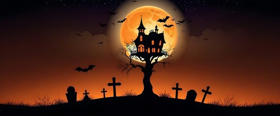 halloween haunted castle, dead trees, scary graveyard, hills, with full moon and orange sky in the background. suitable for posters, flyers, banners and backgrounds for Halloween party invitation card