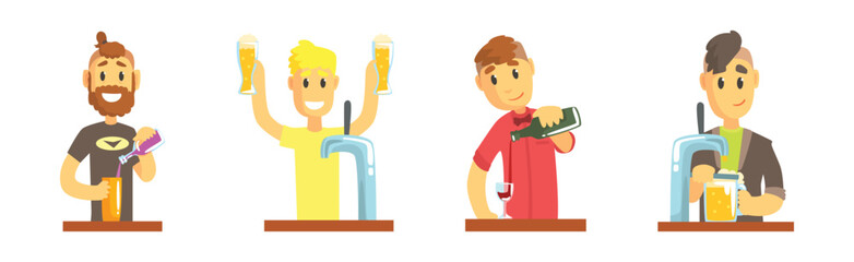 Man Bartender Character Pouring and Serving Alcoholic Drink at Counter Vector Set