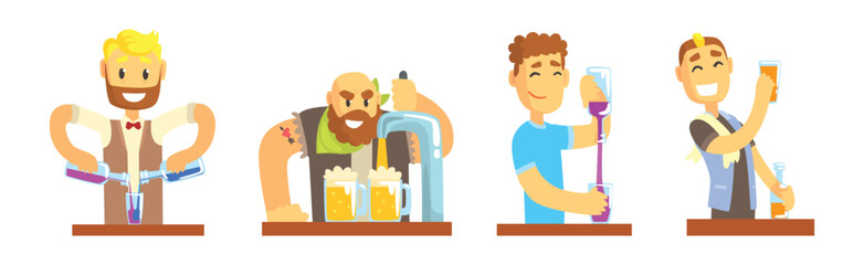 Man Bartender Character Pouring and Serving Alcoholic Drink at Counter Vector Set