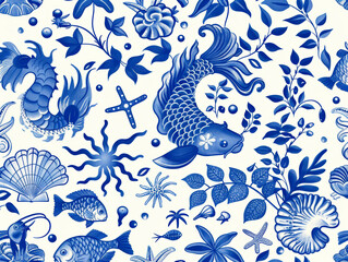 Obraz premium beautiful pattern of blue,genre scenes and blue motifs in flemish porcelain . AI generativ.