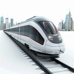 Naklejka premium Futuristic High-Speed Train on Elevated Tracks with Cityscape Background on White - Advanced Transportation Technology Concept
