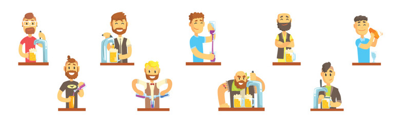 Man Bartender Character Pouring and Serving Alcoholic Drink at Counter Vector Set