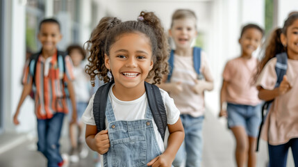 Group of happy multicultural kids with backpacks running and playing at school