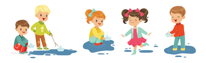 Cute Little Kid Character Splashing in Puddle Vector Set