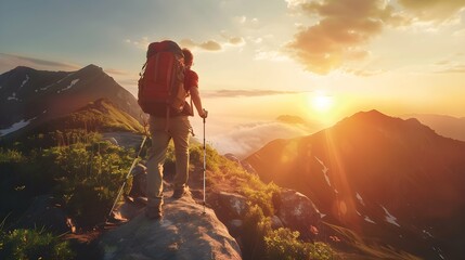 Man hiking at sunset mountains with heavy backpack Travel Lifestyle wanderlust adventure concept summer vacations outdoor alone into the wild
