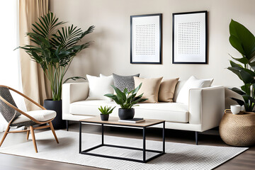 interior of the living room with houseplants, sofas, a stylish coffee table, and an armchair