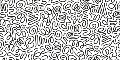 Black and white line doodle seamless pattern. Cute, funny creative minimalist style art background. Endless simple holiday party confetti texture, Scribble shapes, curves, waves. © olechkaart