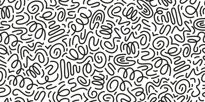 Black and white line doodle seamless pattern. Cute, funny creative minimalist style art background. Endless simple holiday party confetti texture, Scribble shapes, curves, waves.