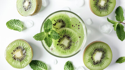 Fototapeta premium A top view of a vibrant kiwi cocktail in a clear glass, garnished with kiwi slices and mint leaves, set against a clean white background. 'Kiwi Refresh' .
