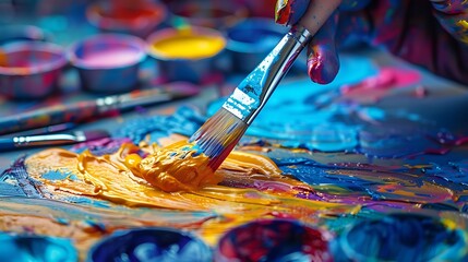 Fototapeta premium People expressing themselves doing art during an art therapy workshop with paints brushes canvases. Therapeutic benefits of creativity and self-expression in mental health and emotional well-being