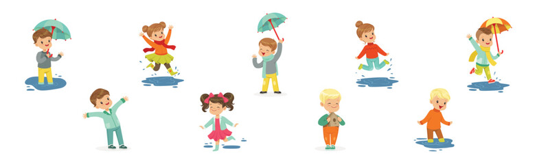 Cute Little Kid Character Splashing in Puddle Vector Set