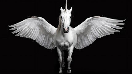 White unicorn with wings, ethereal glow, black background