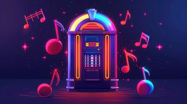 Colorful retro jukebox with neon lights and musical notes on a dark background. Vibrant and nostalgic music concept.