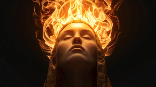 Celtic goddess Brigid with flames, creative force, black background