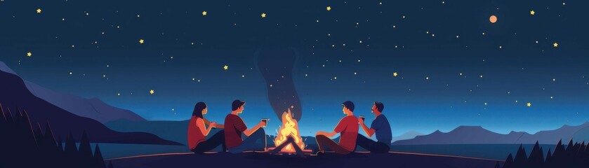 Illustration of a campfire under a starry night sky with friends gathered around, enjoying the warmth and companionship in nature.