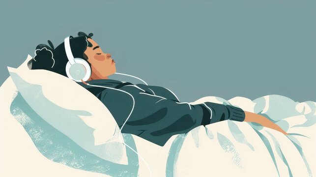 Illustration of a person sleeping on a bed, wearing headphones, with a calm and relaxed expression. Perfect for concepts of relaxation.