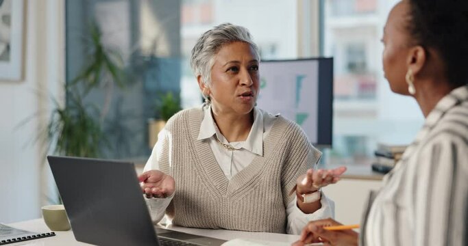 Laptop, business women and coaching with mentor, discussion or training at creative startup. Computer, intern and engagement manager teaching worker with analysis, data or erp stats for learning info