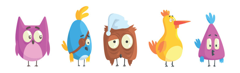 Funny Bird Comic Flying Creature with Big Eyes Vector Set