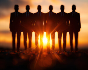Silhouetted business team standing tall against a glowing sunset copy space, strength in numbers, surreal, composite, modern city