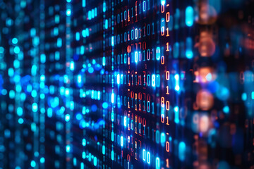 blue binary background. computer language matrix. multiple exposure photo of LED screen displaying information codes