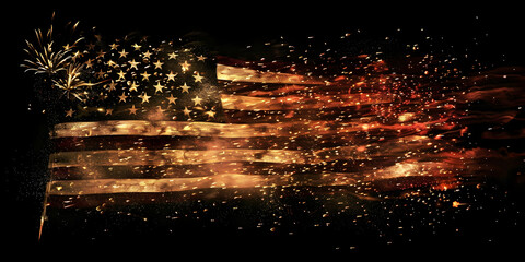 An American flag made of fireworks exploding in the night sky.


