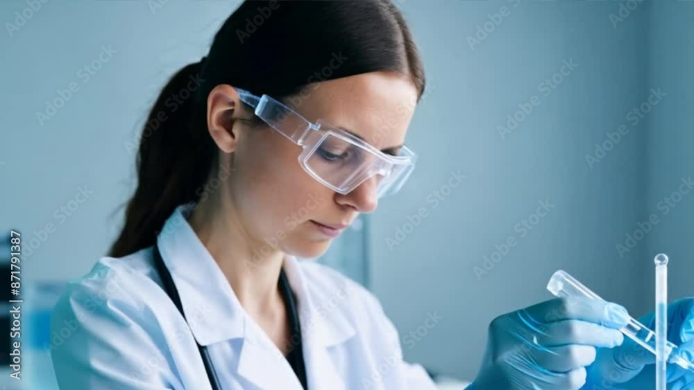Poster medical laboratory: female scientist wearing a face mask using a micropipette for analysis.