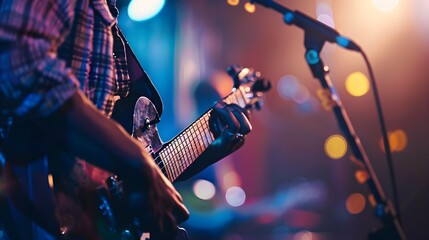 Obraz premium shot of a musician singing and playing the guitar on stage