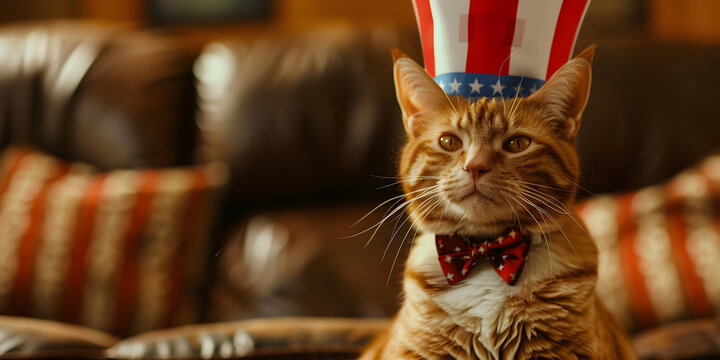 A Cat Wearing An American Flag Top Hat And Bowtie.


