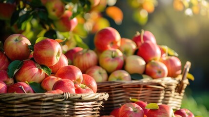 Baskets filled with freshly picked apples in a sunlit orchard, golden autumn leaves, tranquil setting, rustic atmosphere, harvest bounty, seasonal abundance, countryside charm