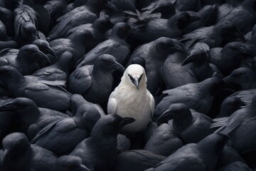 Fototapeta premium Uncommon sight - a white crow in a flock of black crows, illustrating the concept of uniqueness and originality, celebrating individuality and the power of being different in a uniform society.