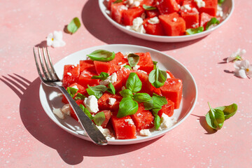 watermelon salad with feta cheese and basil. healthy summer dessert
