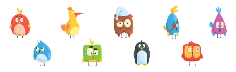 Funny Bird Comic Flying Creature with Big Eyes Vector Set