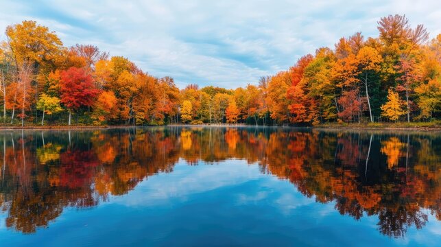 Majestic autumn trees reflected in a calm lake