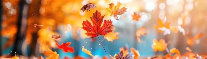 Obraz premium Scenic autumn landscape with colorful trees, falling leaves, peaceful nature scene, vibrant foliage, crisp air, fall tranquility, picturesque beauty, serene atmosphere