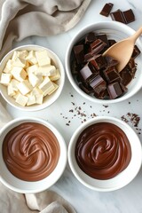 A white bowl of chocolate sauce sits next to two other bowls of chocolate sauce. The scene is inviting and delicious, suggesting that someone is preparing to make a dessert or snack