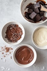 A white bowl of chocolate chips sits next to a white bowl of chocolate sauce