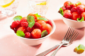 watermelon ball salad with raspberry lemon balm. healthy summer dessert