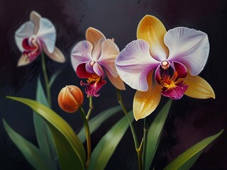 Illustration of an orchid flower. Drawn in rough oil paints, various mood elements in a bright dreamy image for home interior decoration, relaxing mood Generative AI