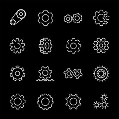 Gears, white line icons. Mechanical gears and cogwheels. Ideal for engineering and industrial themes. Symbols on black background. Editable stroke.