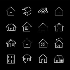 Houses, white line icons. Various house designs and buildings. real estate and architecture themes. Symbols on black background. Editable stroke.