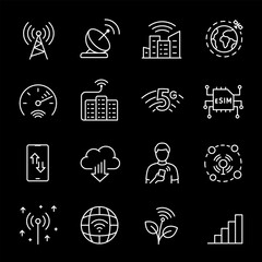 Telecommunications, white line icons. Data transmission technology, internet, and cellular communication. tech and communication themes. Symbols on black background. Editable stroke.